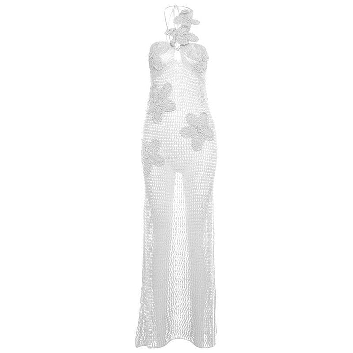 Halter knitted flower pattern see through maxi dress-final-sale  | Festival Outfits Women