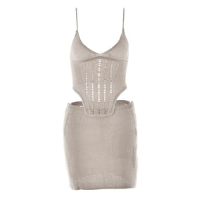 V neck knitted cross back backless cami mini skirt set  | Festival Outfits Women