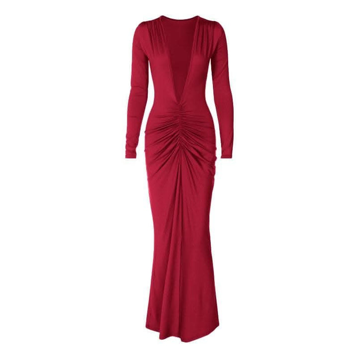 Ruched long sleeve v neck solid 2-way maxi dress-final-sale  | Festival Outfits Women