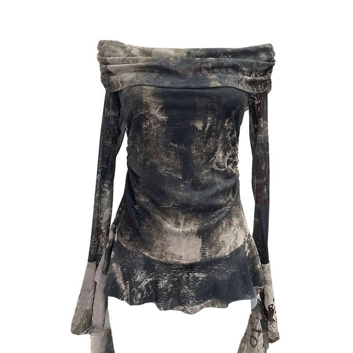 Long sleeve mesh print off shoulder ruched top  | Festival Outfits Women