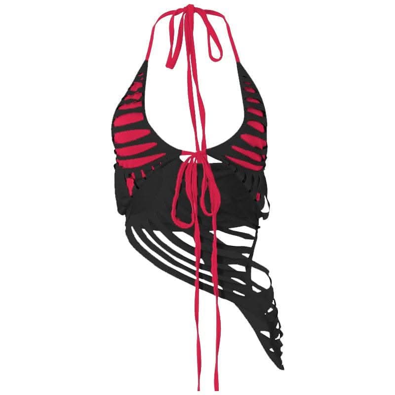 Contrast low cut hollow out self tie irregular mini skirt set-final-sale  | Festival Outfits Women