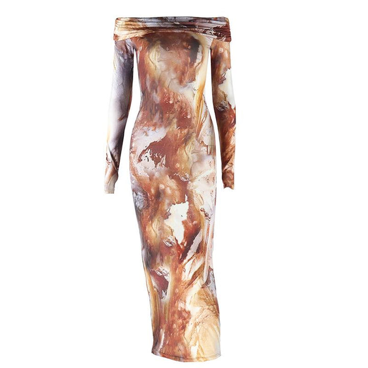 Long sleeve off shoulder ruched tie dye midi dress  | Festival Outfits Women