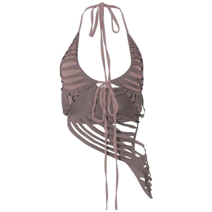 Contrast low cut hollow out self tie irregular mini skirt set-final-sale  | Festival Outfits Women