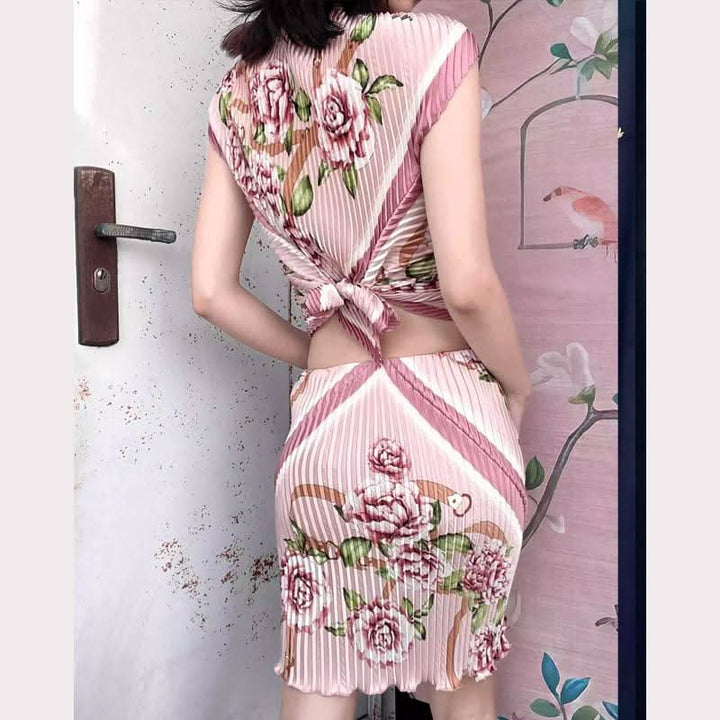 Bowknot ruffle ruched contrast flower print top  | Festival Outfits Women