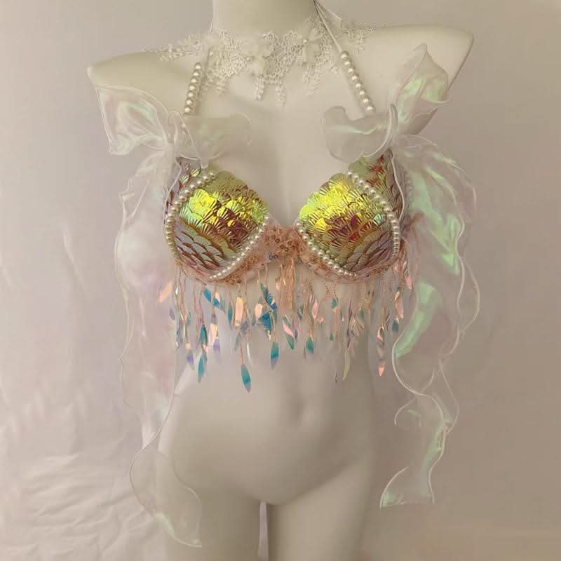 Bowknot beaded v neck tassels shell applique top  | Festival Outfits Women-final-sale