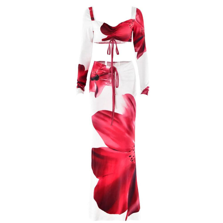 Long sleeve ruched drawstring print slit maxi skirt set  | Festival Outfits Women