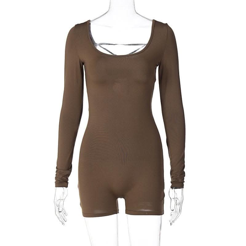 Long sleeve u neck lace up backless solid romper-final-sale  | Festival Outfits Women