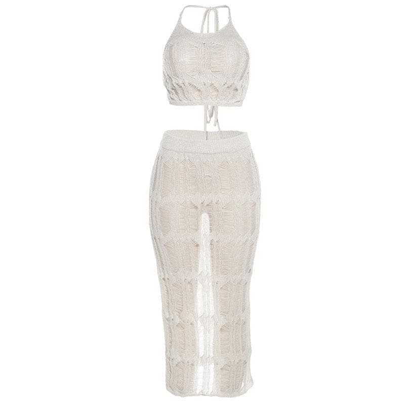 Crochet solid halter self tie see through slit midi skirt set-final-sale  | Festival Outfits Women