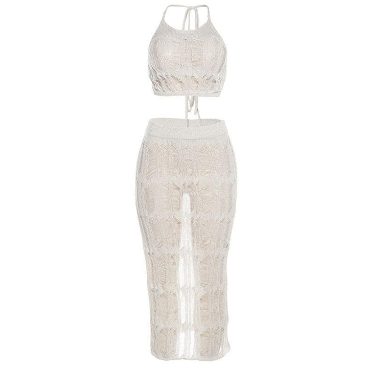 Crochet solid halter self tie see through slit midi skirt set-final-sale  | Festival Outfits Women