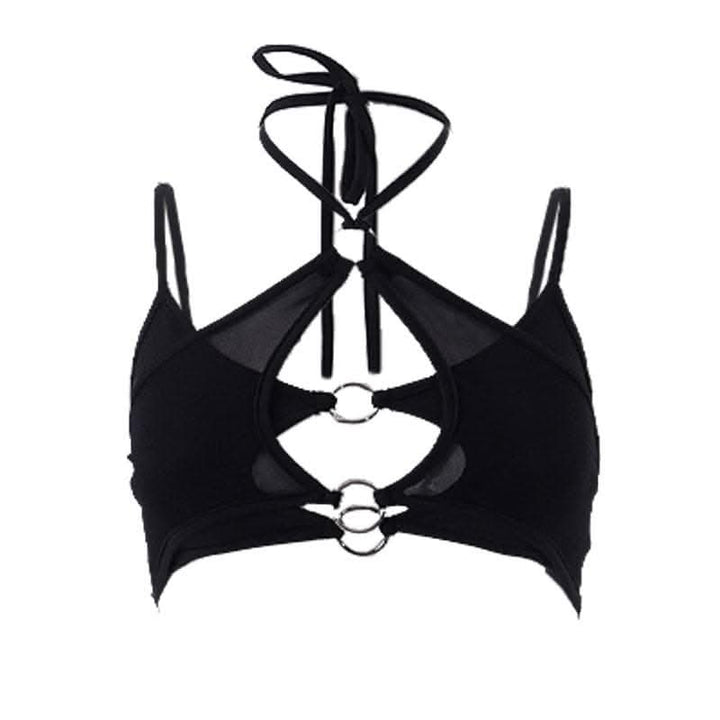 Mesh halter o ring solid hollow out backless patchwork crop cut out top-final-sale