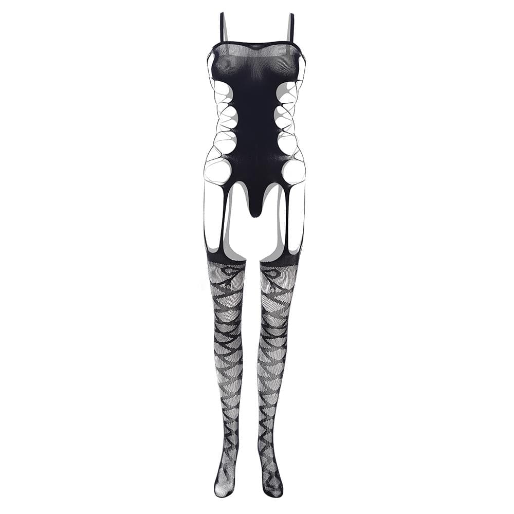 Hollow out bandage solid open crotch suspender bodystocking  | Festival Outfits Women