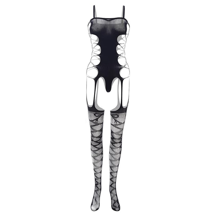 Hollow out bandage solid open crotch suspender bodystocking  | Festival Outfits Women