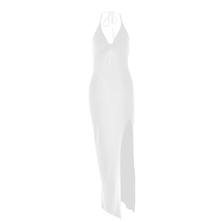 Halter v neck ruched slit backless midi dress  | Festival Outfits Women