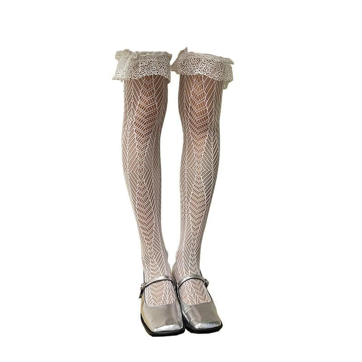Sheer lace ruffle solid thigh high socks  | Festival Outfits Women