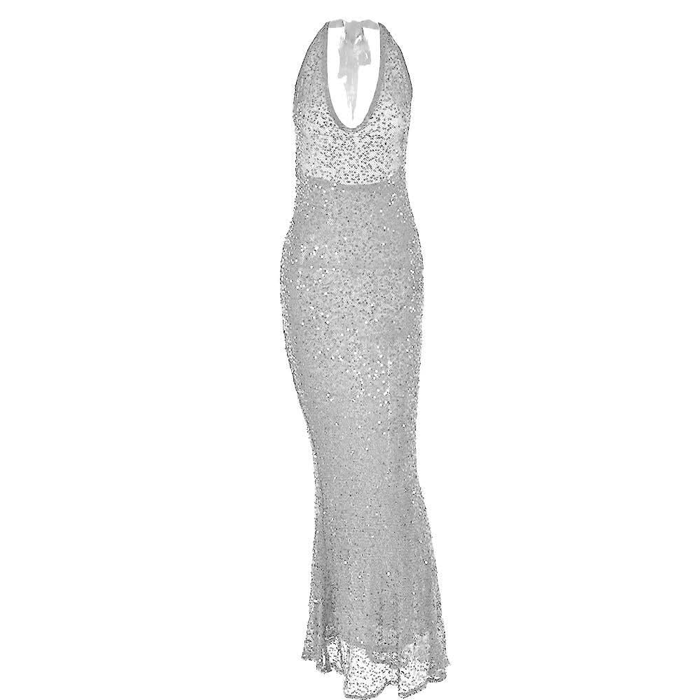 Halter self tie glitter u neck low cut backless maxi dress  | Festival Outfits Women