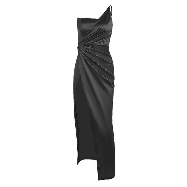 Sleeveless solid satin slit one shoulder ruched backless midi dress-final-sale  | Festival Outfits Women