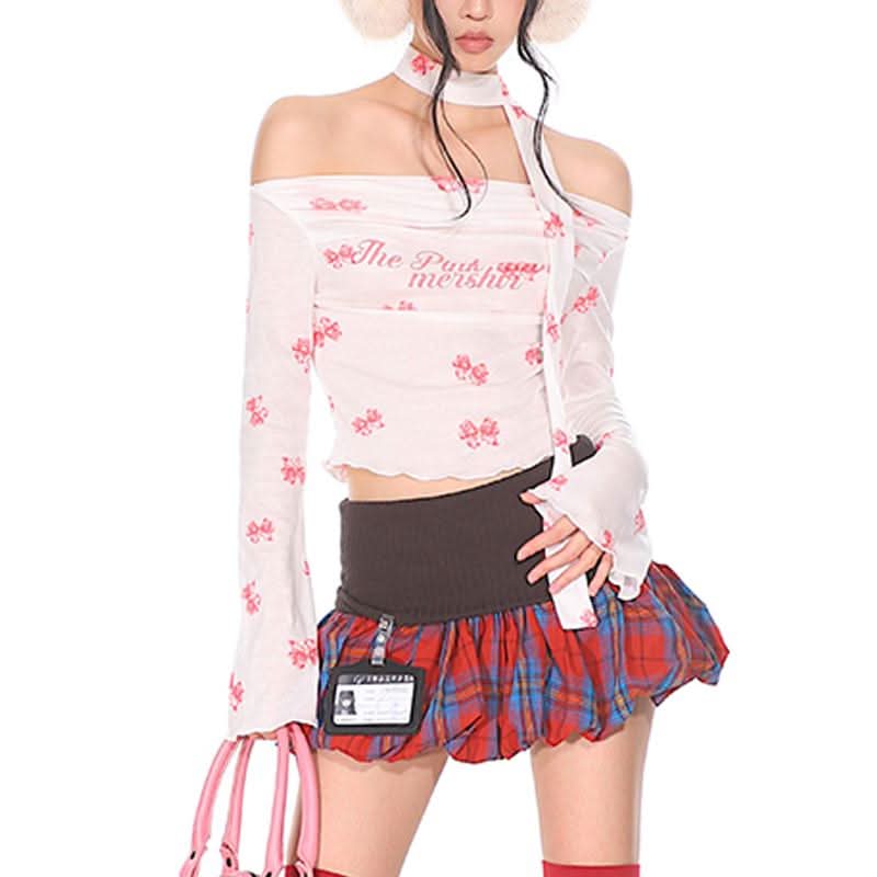 Long sleeve bowknot print ruffle off shoulder top  | Festival Outfits Women