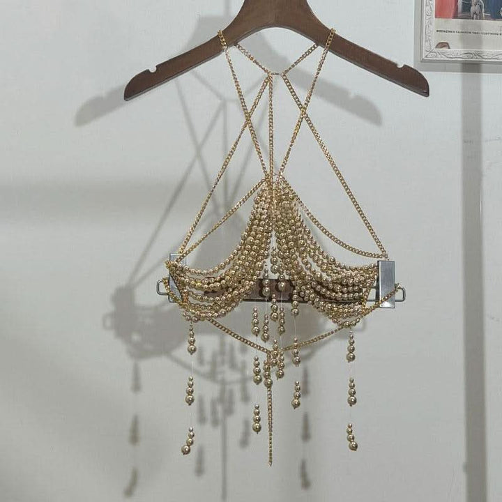 Metal chain beaded hollow out backless cut out top  | Festival Outfits Women