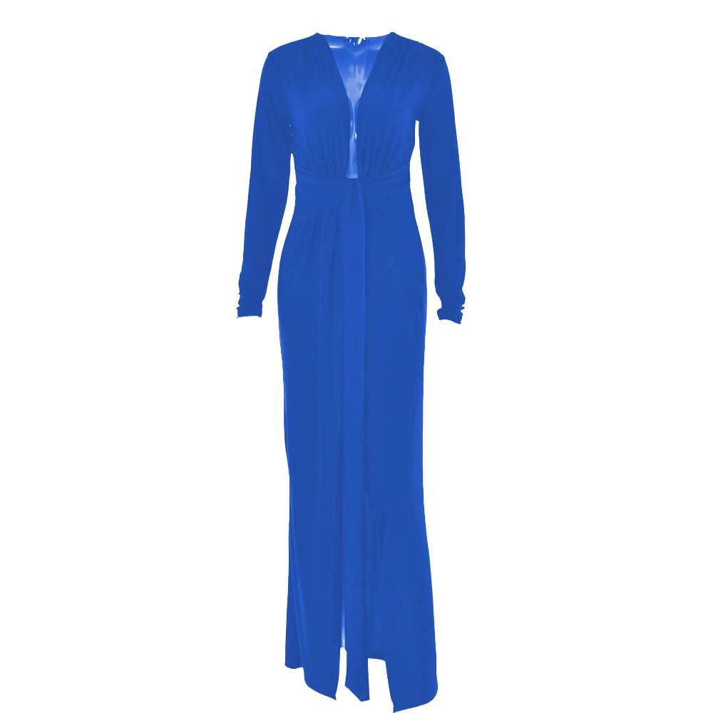 Long sleeve v neck ruched slit solid irregular maxi dress-final-sale  | Festival Outfits Women