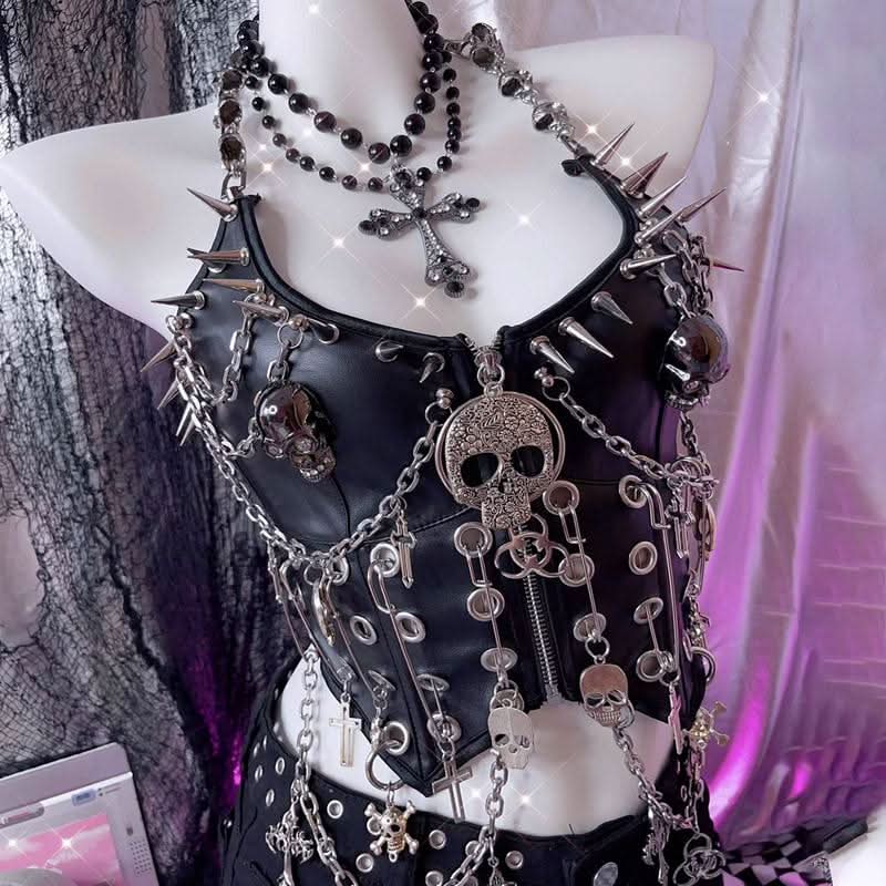 Halter metal chain PU leather skull applique zip-up top  | Festival Outfits Women