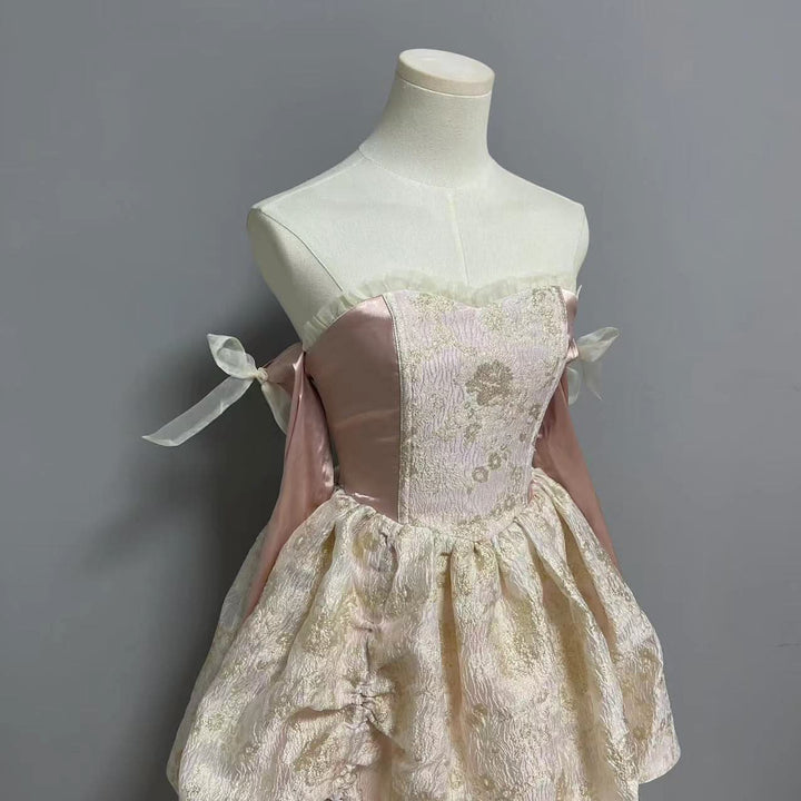 Sweetheart neck gloves drawstring ruffle lace up tube mini dress  | Festival Outfits Women