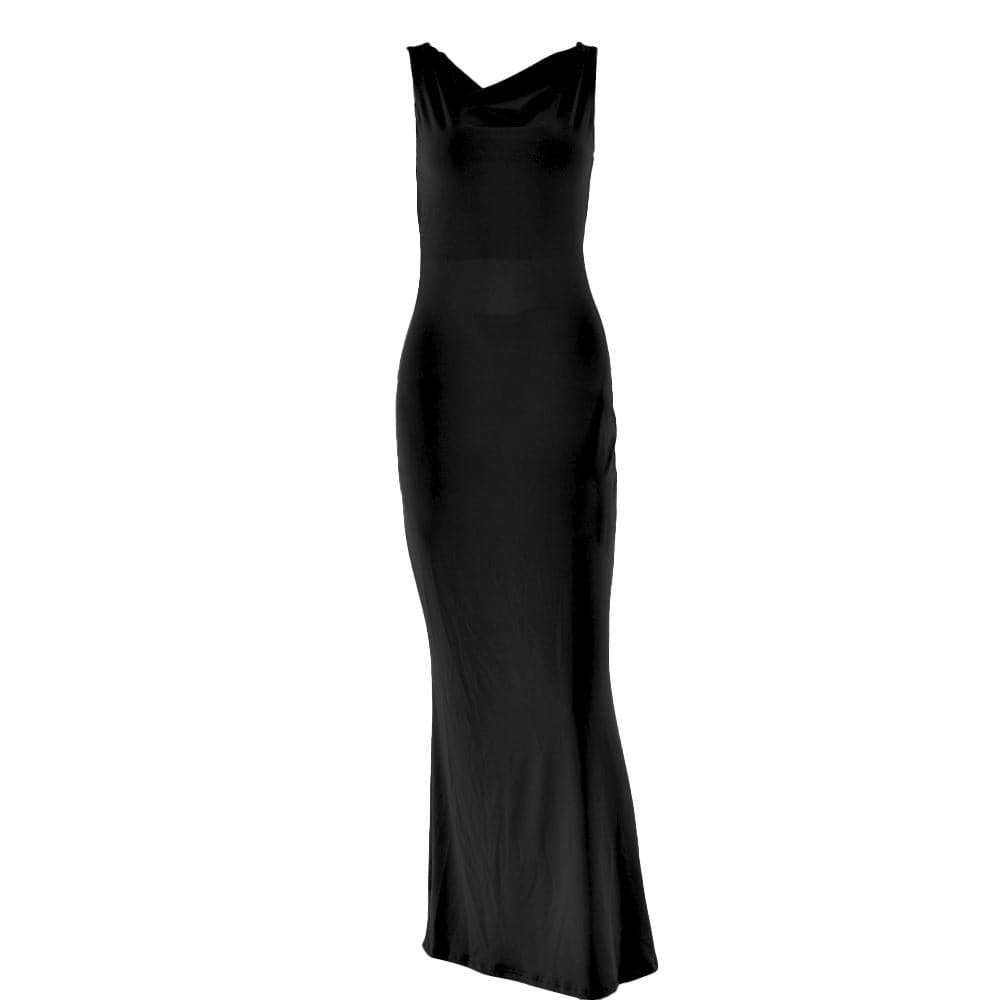 Cowl neck solid backless ruched hollow out cut out maxi dress  | Festival Outfits Women