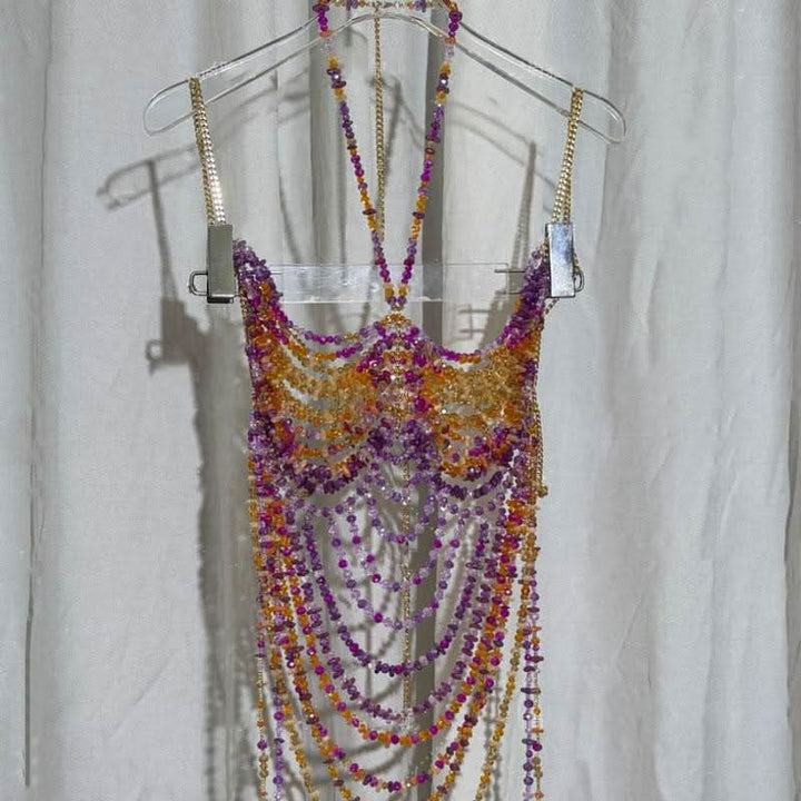 Metal chain halter beaded backless contrast top  | Festival Outfits Women