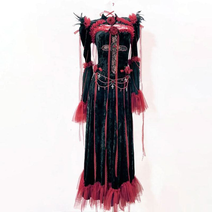 Long sleeve flower applique ruffle feather maxi dress  | Festival Outfits Women