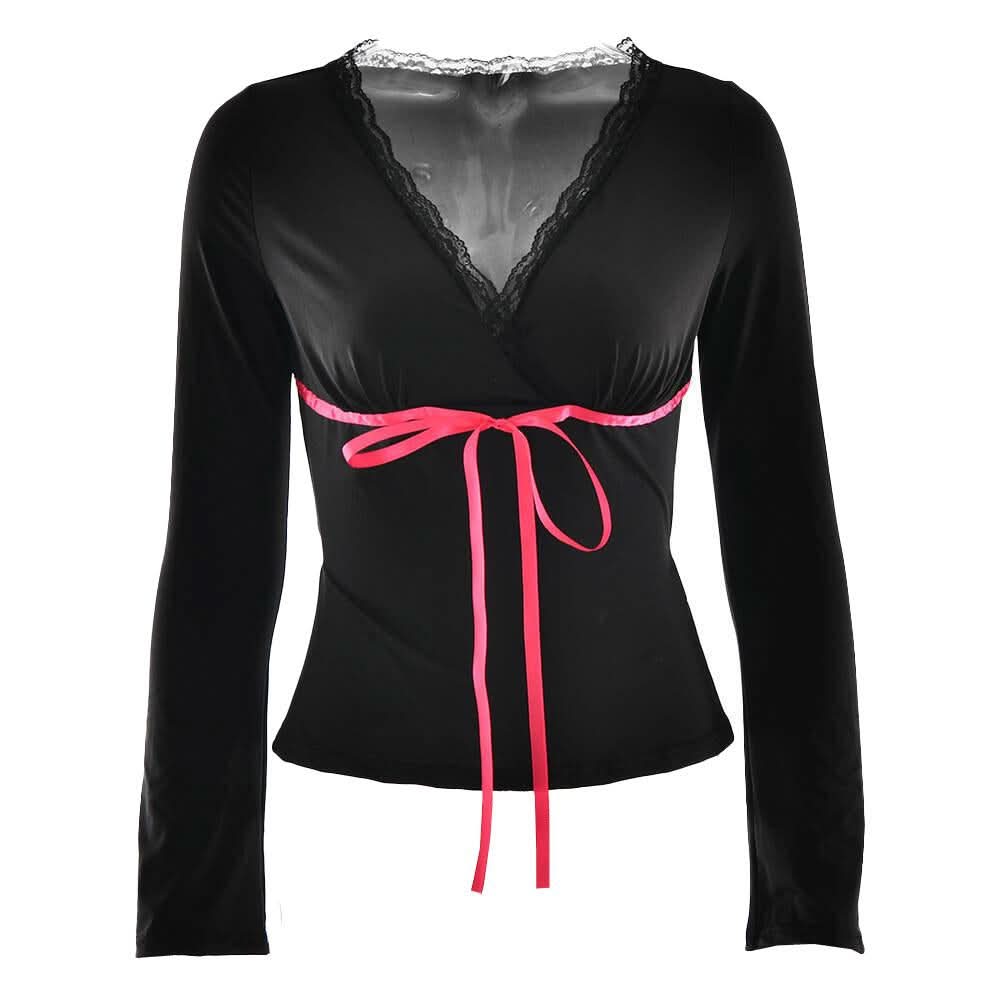 Lace hem long sleeve v neck ribbon ruched top  | Festival Outfits Women