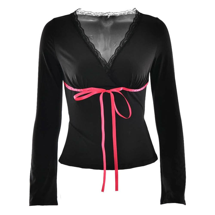 Lace hem long sleeve v neck ribbon ruched top  | Festival Outfits Women