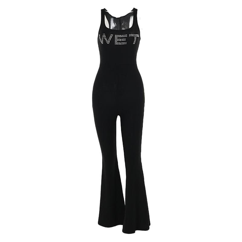 "WET" pattern beaded contrast u neck jumpsuit  | Festival Outfits Women