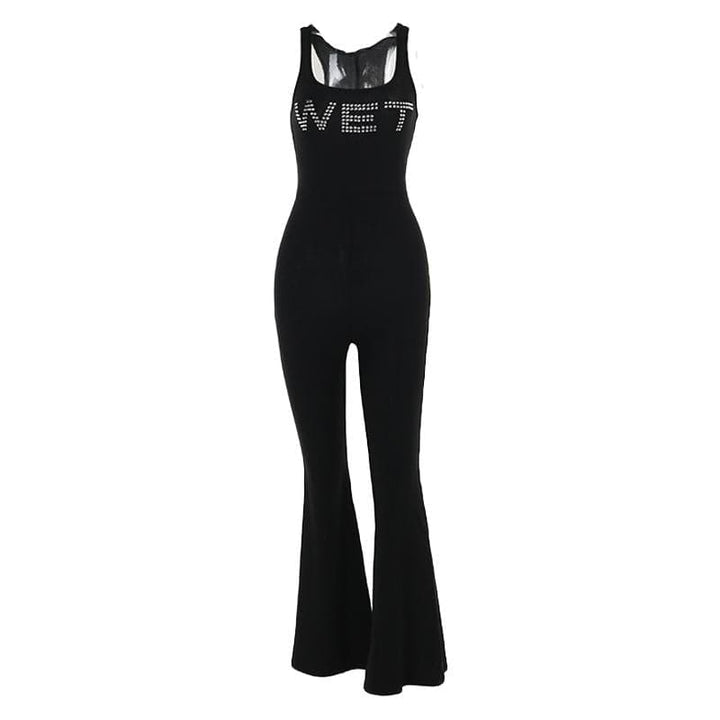 "WET" pattern beaded contrast u neck jumpsuit  | Festival Outfits Women