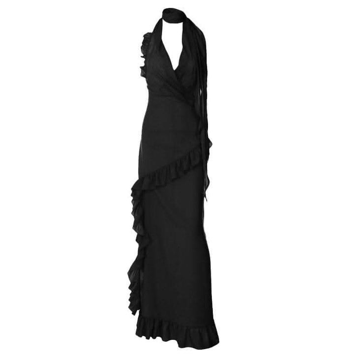 Halter v neck backless ruffle zip-up solid maxi dress-final-sale  | Festival Outfits Women