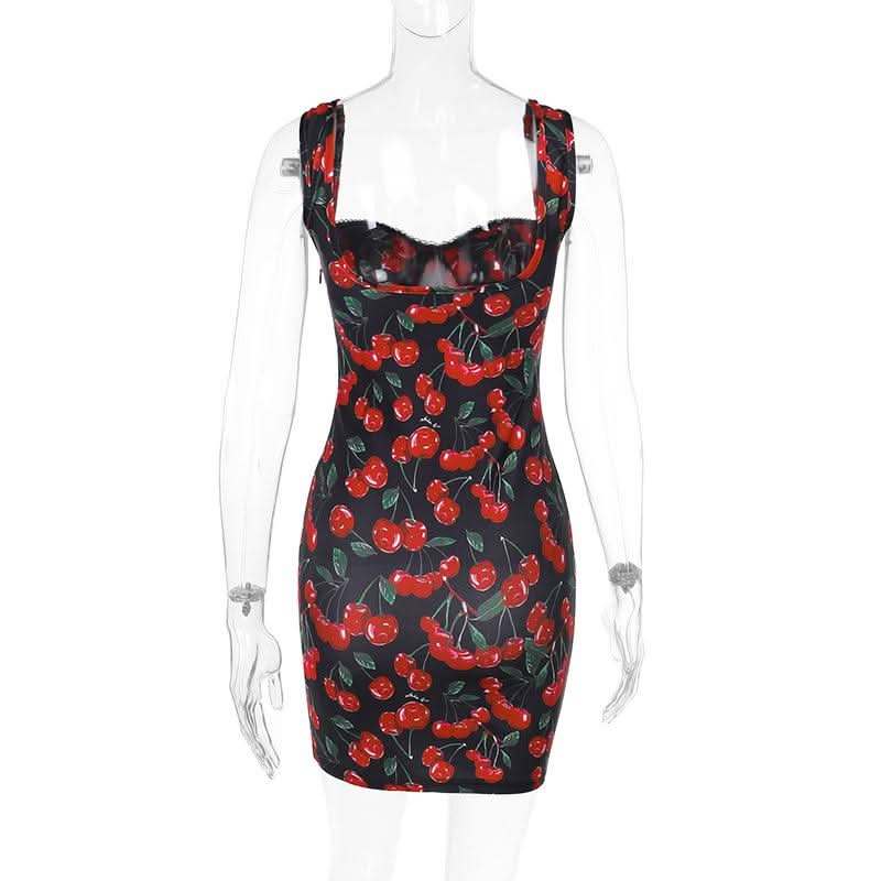 V neck cherry print backless mini dress  | Festival Outfits Women