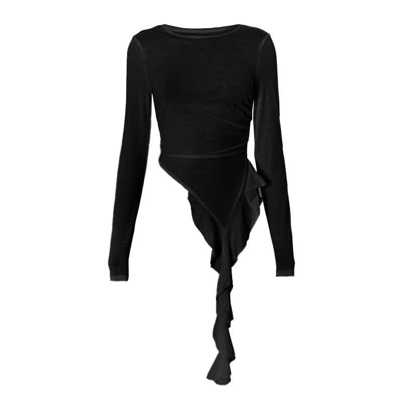 Long sleeve ruched irregular ruffle crewneck top-final-sale