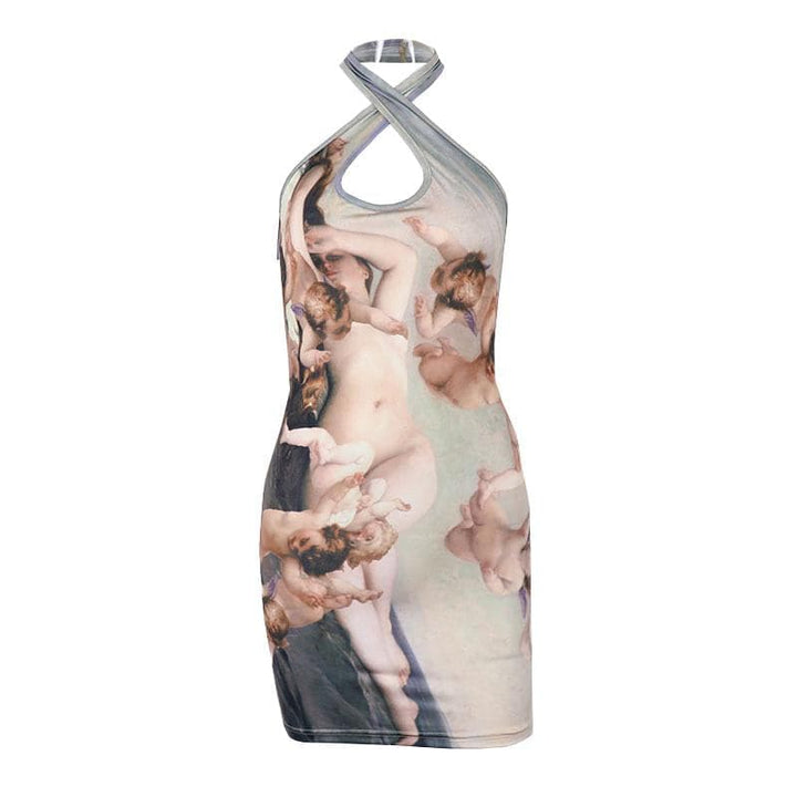 Halter ruched hollow out print backless cut out mini dress  | Festival Outfits Women