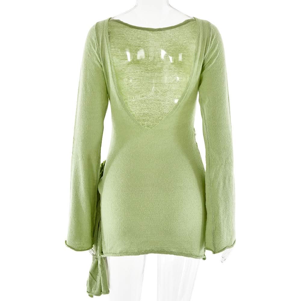 Long sleeve flower applique ruched backless mini dress  | Festival Outfits Women