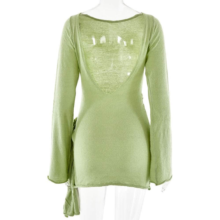 Long sleeve flower applique ruched backless mini dress  | Festival Outfits Women
