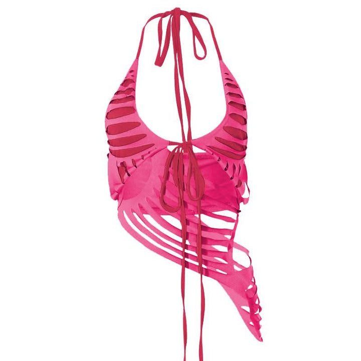 Contrast low cut hollow out self tie irregular mini skirt set-final-sale  | Festival Outfits Women