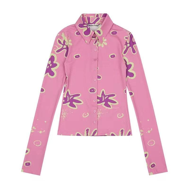 Turnover collar button contrast print long sleeve top-final-sale  | Festival Outfits Women