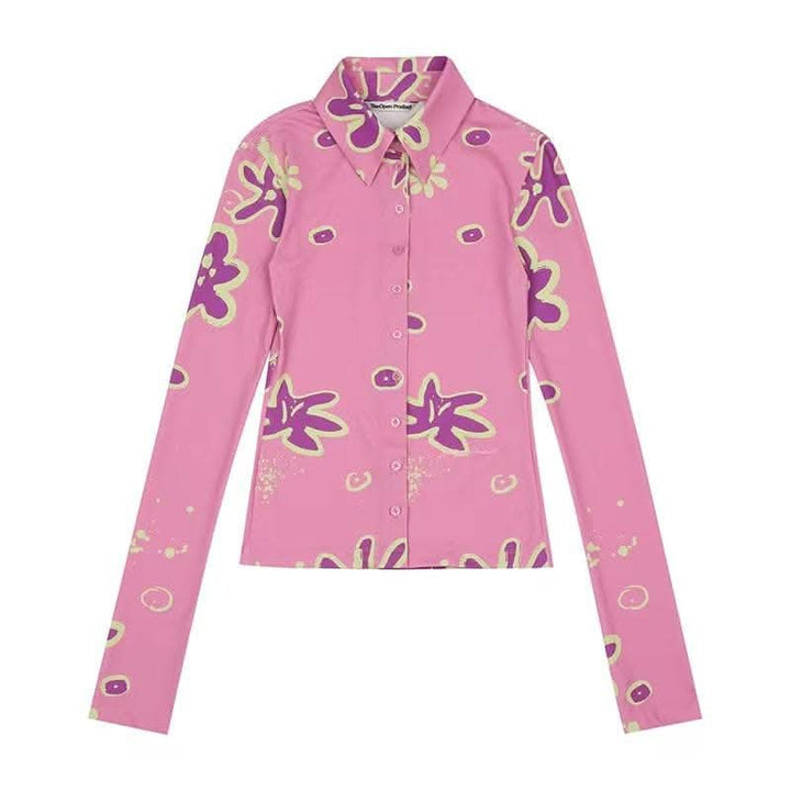 Turnover collar button contrast print long sleeve top-final-sale  | Festival Outfits Women