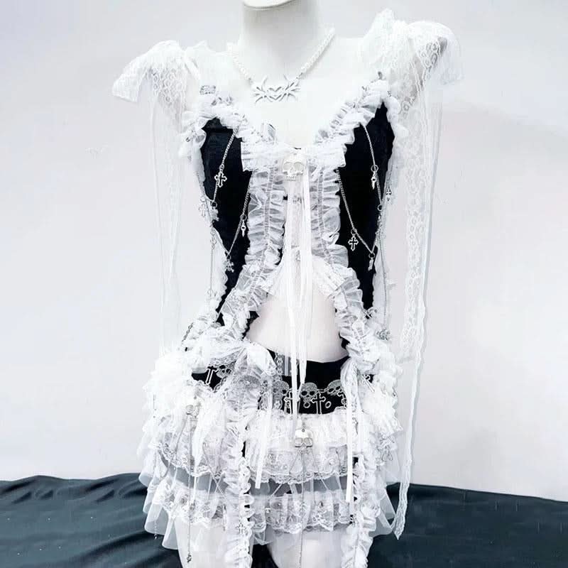 Lace hem self tie bowknot skull applique top  | Festival Outfits Women
