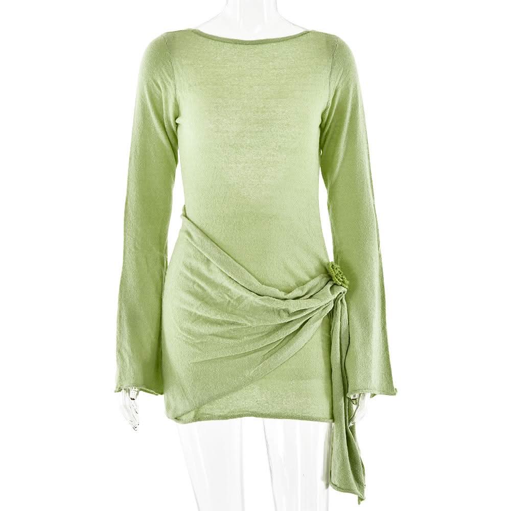 Long sleeve flower applique ruched backless mini dress  | Festival Outfits Women