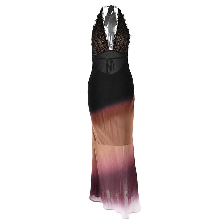 Halter self tie deep V neck gradient lace maxi dress  | Festival Outfits Women