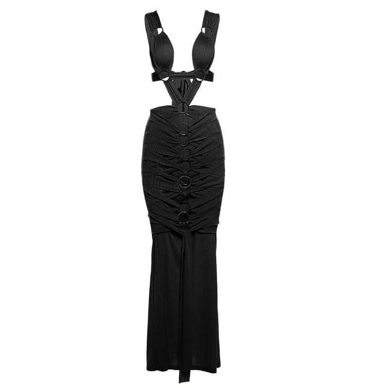 O ring textured hollow out self tie ruched tank cut out maxi dress-final-sale  | Festival Outfits Women