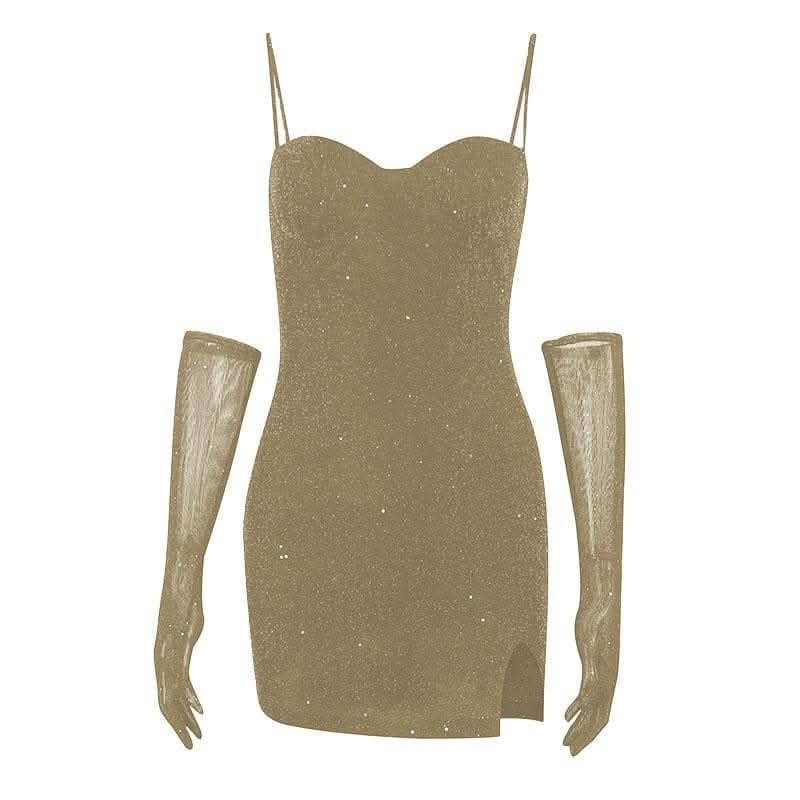 Gloves solid beaded slit sweetheart neck cami mini dress-final-sale