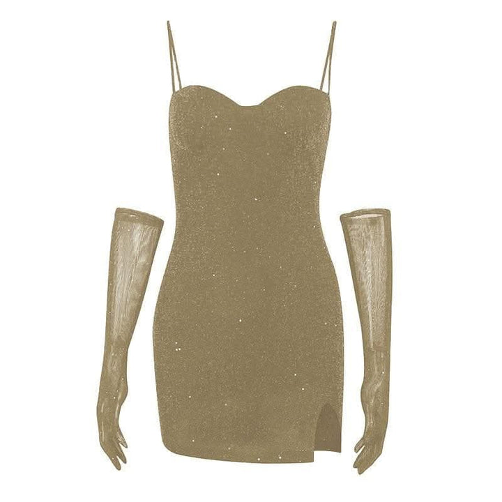 Gloves solid beaded slit sweetheart neck cami mini dress-final-sale