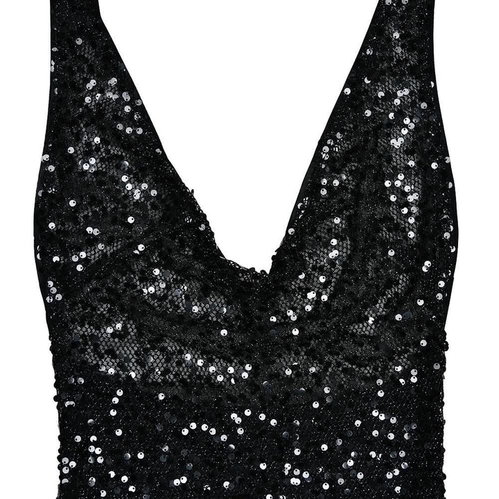 Halter self tie glitter u neck low cut backless maxi dress  | Festival Outfits Women
