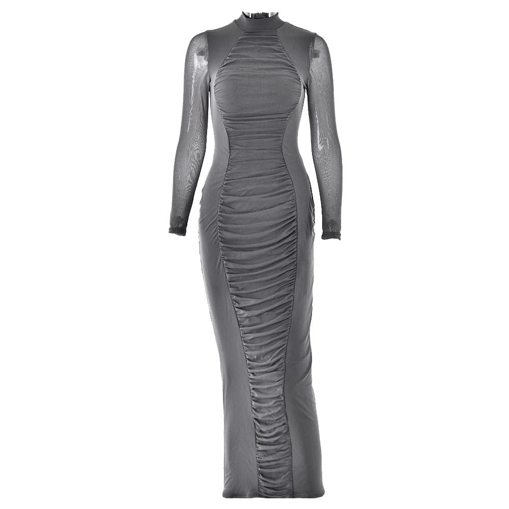 Long sleeve ruched mesh patchwork maxi dress  | Festival Outfits Women