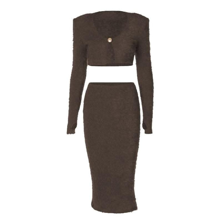 Textured button long sleeve gloves midi skirt set-final-sale  | Festival Outfits Women